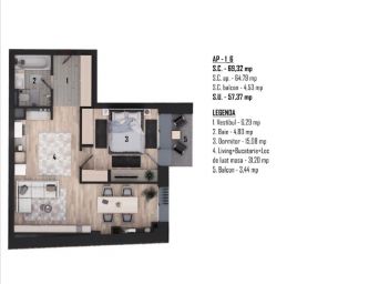 Apartament 2 camere, 69.32mp construiti, etajul 1-2