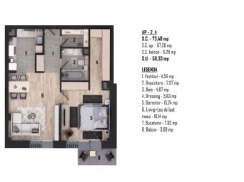 Apartament 2 camere, 73.48mp construiti, etajul 2