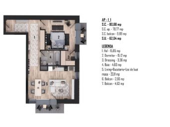 Apartament cu 2 camere, etajul 1, 80.66mp construiti desfasurati